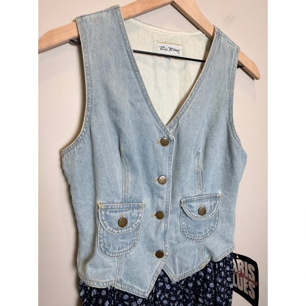 NWT Vintage Paris Blues S | M Denim Vest Blue Floral Maxi Dress Set 1990's USA - Picture 3 of 16